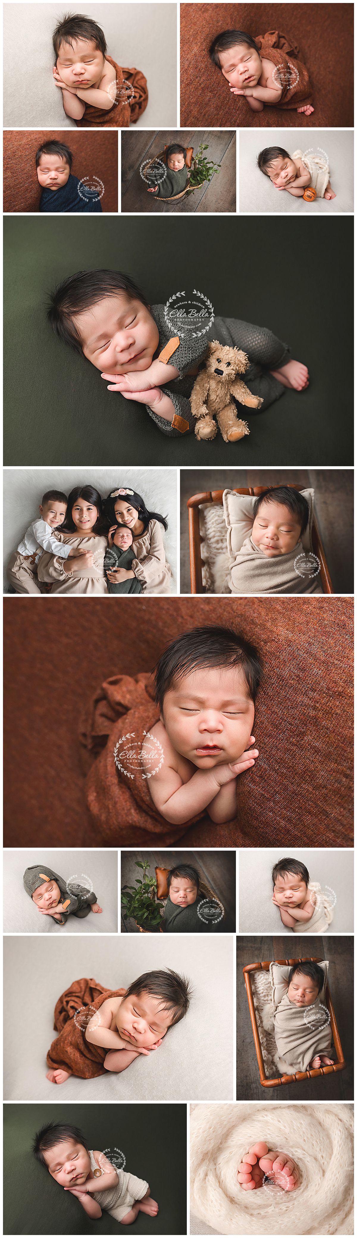 Newborn baby photography collage featuring peaceful sleeping infant in warm brown and green tones with teddy bear and family portraits.