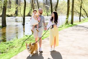 Happy young family walks a corgi along a sunny park path beside a river, mom holding baby in spring.
