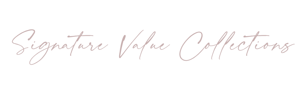 Signature Value Collections elegant cursive logo in soft rose gold on a white background.