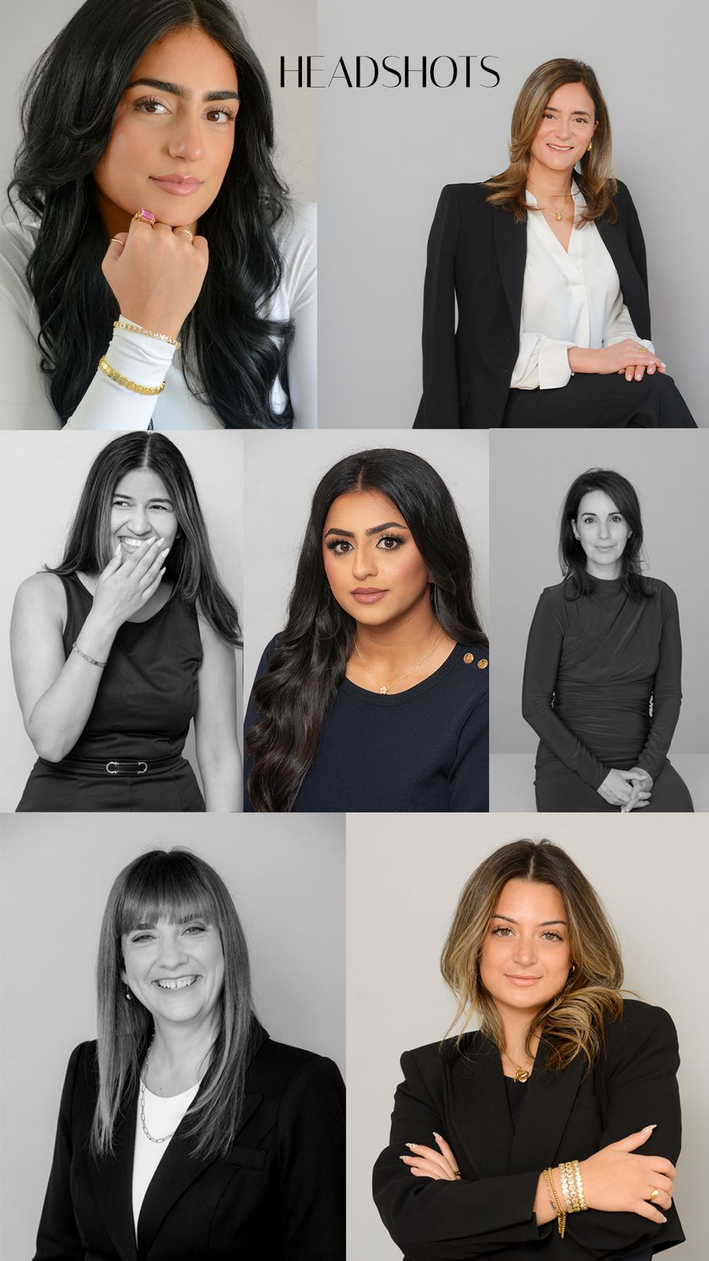 Collage of seven professional women headshots in business attire against neutral backgrounds, labeled Headshots.