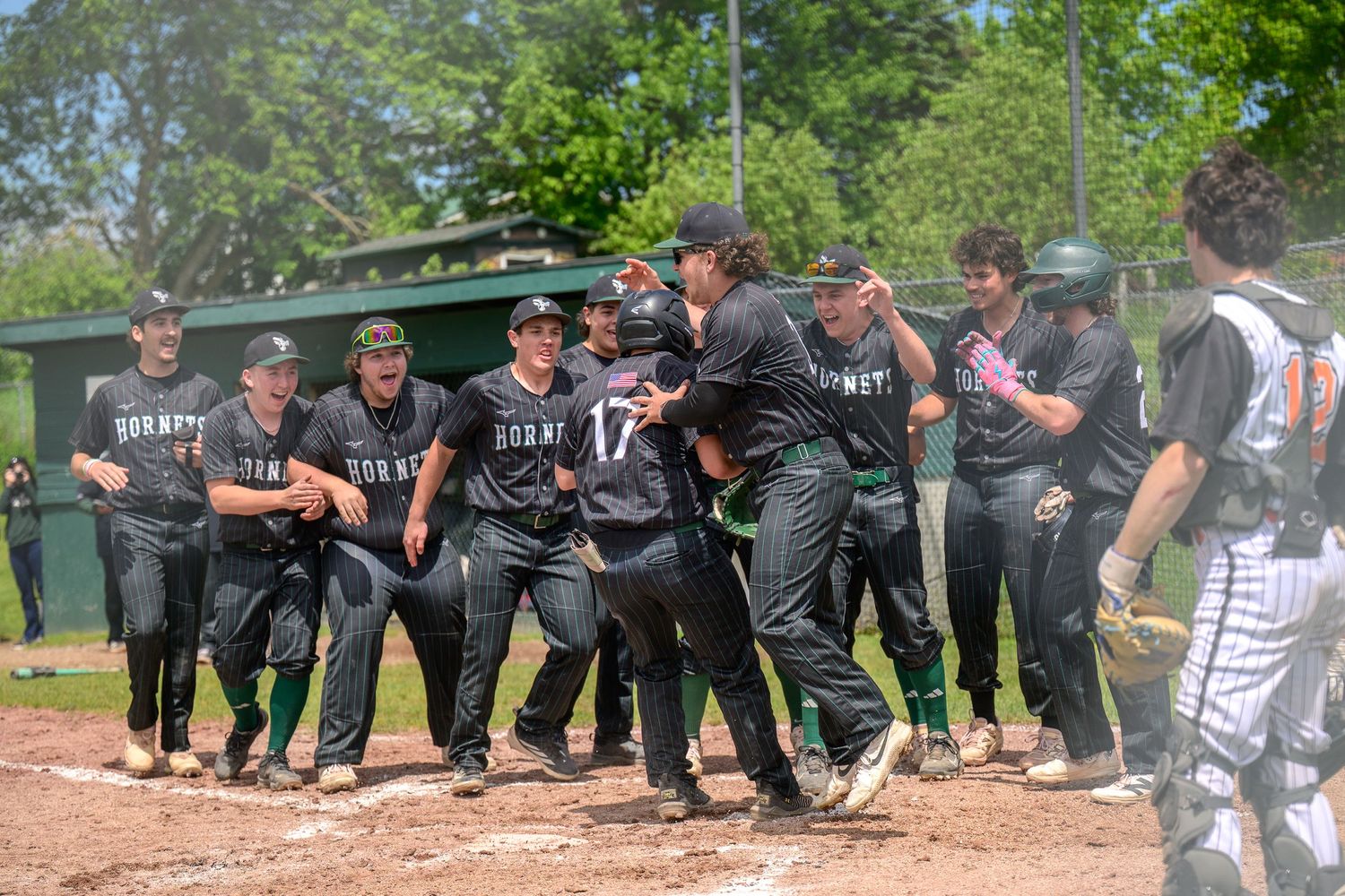 Baseball team in green Hornets uniforms celebrates together at home plate after a score.