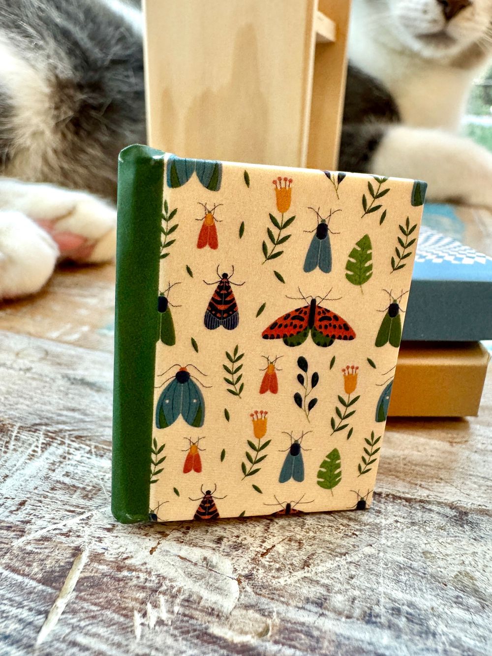 Small hardcover journal with moth and botanical pattern on cream background, green spine, on wooden surface near cat paws.