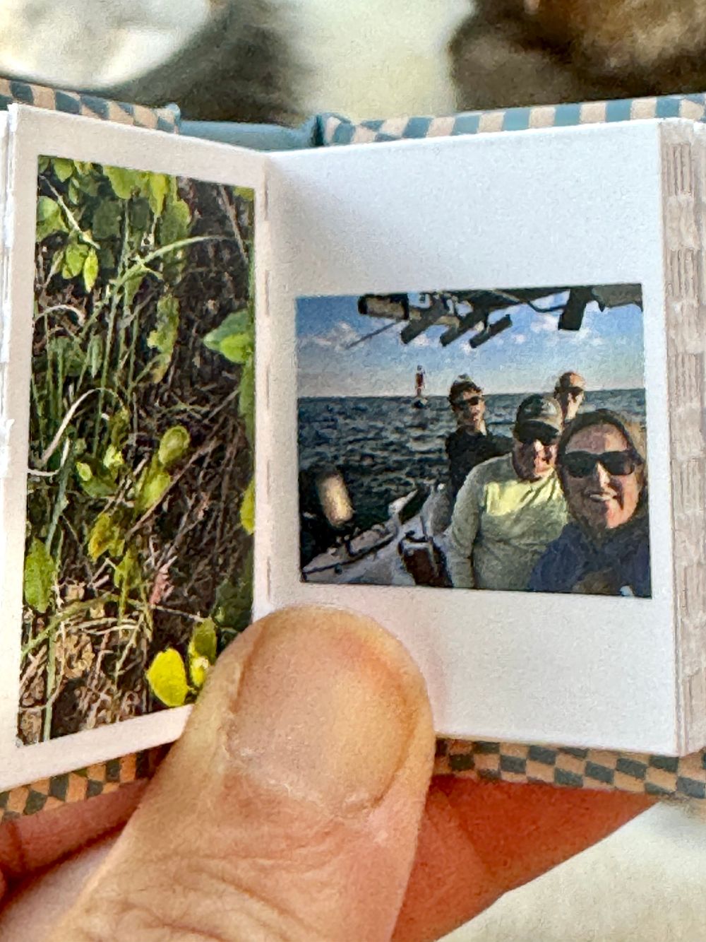 A hand holds a small photo book open showing a nature plant photo and a group selfie on a boat on the water.