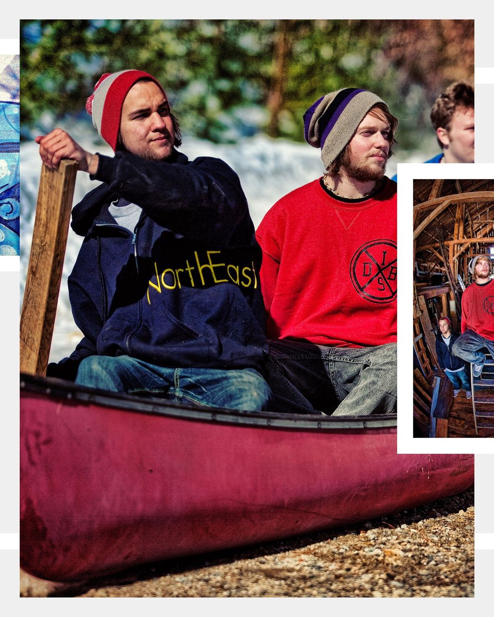 Two young men in a red canoe wearing beanies, with a smaller inset photo of a child indoors.