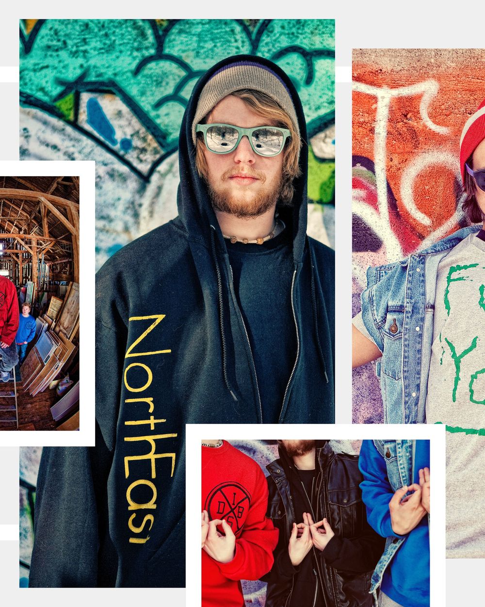 Collage of a young man in a NorthEast hoodie and green glasses posing near colorful graffiti walls.