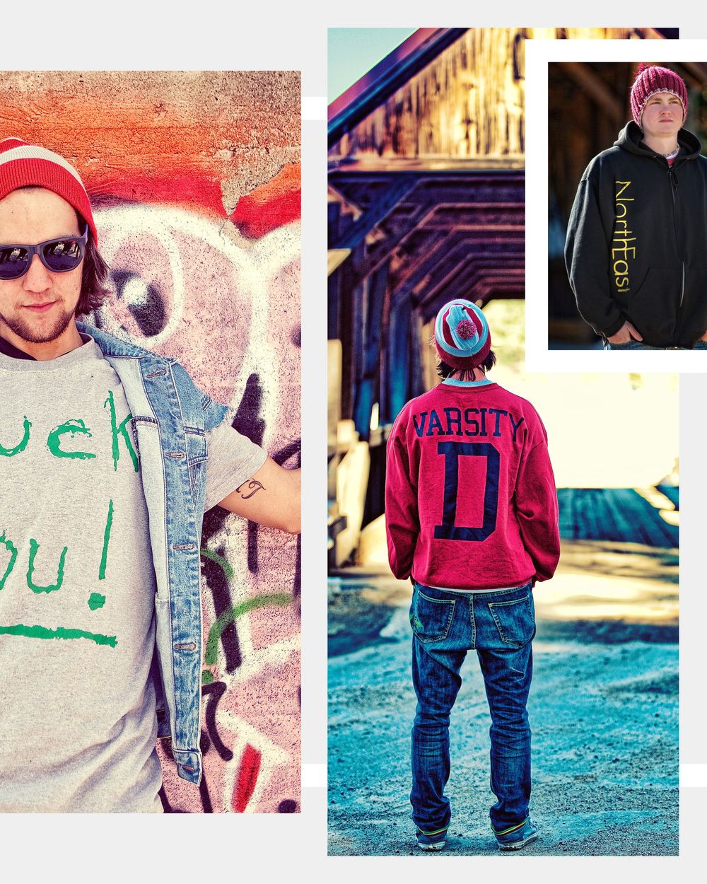 Collage of a young man in streetwear, red beanie, varsity jacket, and sunglasses near graffiti wall.