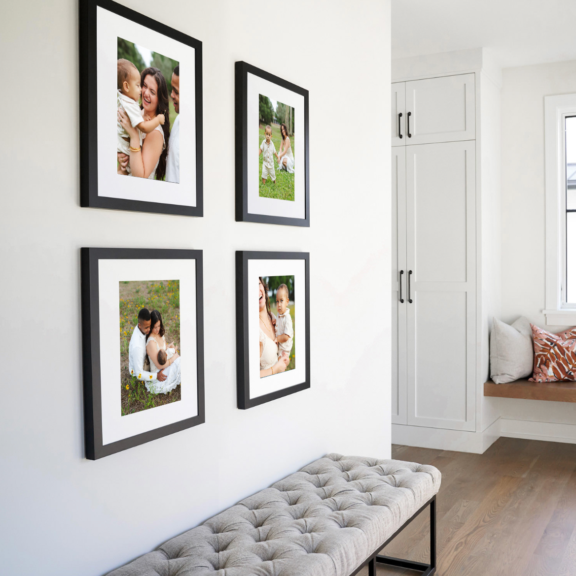 A photo of wall displays from printed photos from a family photography session