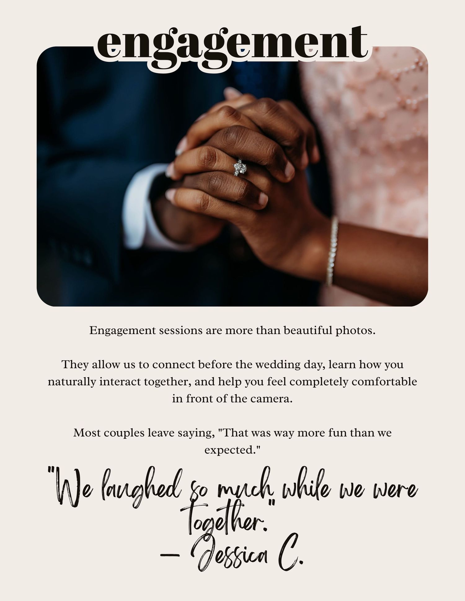 Close-up of engaged couple holding hands with diamond ring, engagement photography session promotional flyer with client testimonial.