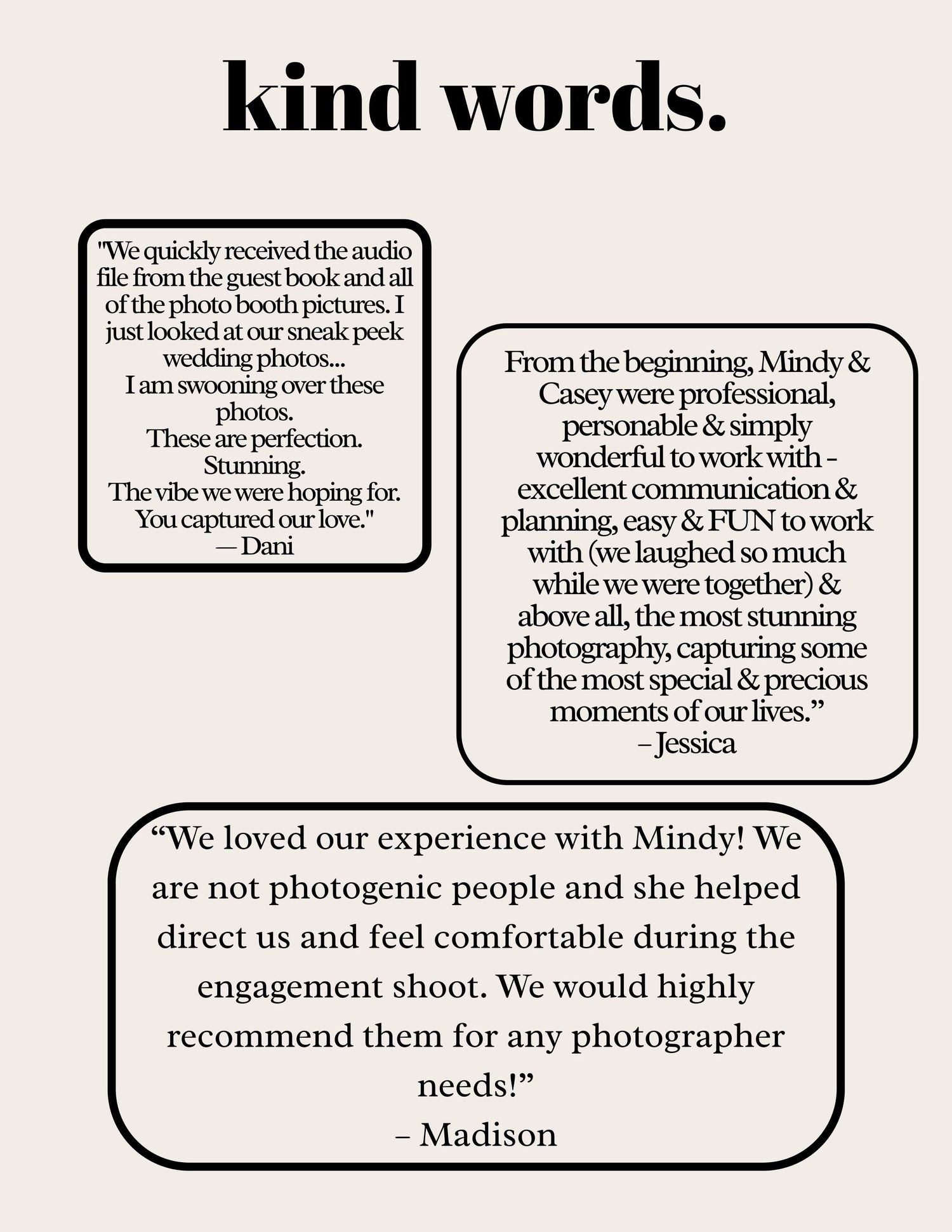 A testimonials page titled Kind Words featuring glowing client reviews praising wedding photography services from Mindy and Casey.