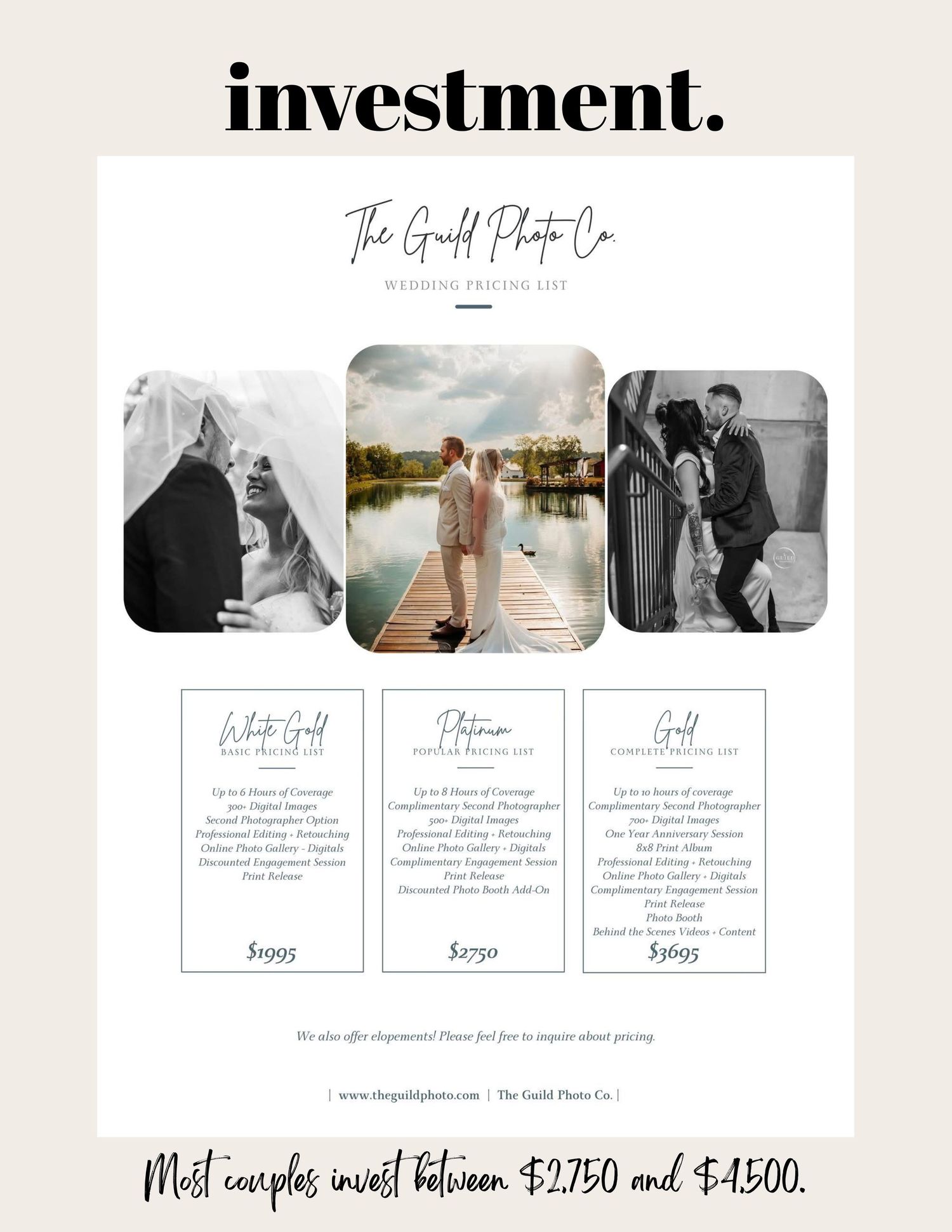 Wedding photography pricing guide for The Guild Photo Co. showing three packages ranging from $2,750 to $4,500.
