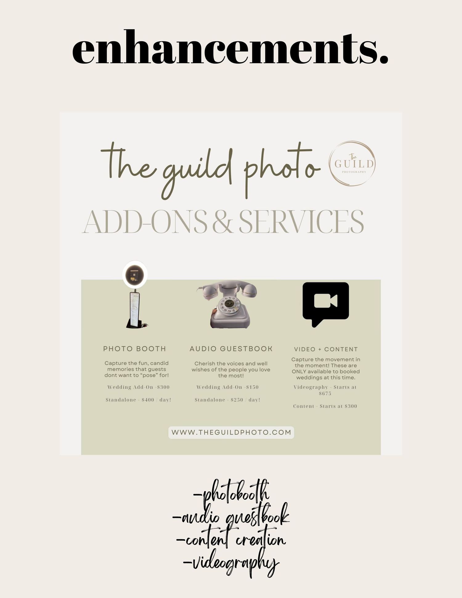 The Guild Photo add-ons and services flyer featuring photo booth, audio guestbook, and videography enhancements.