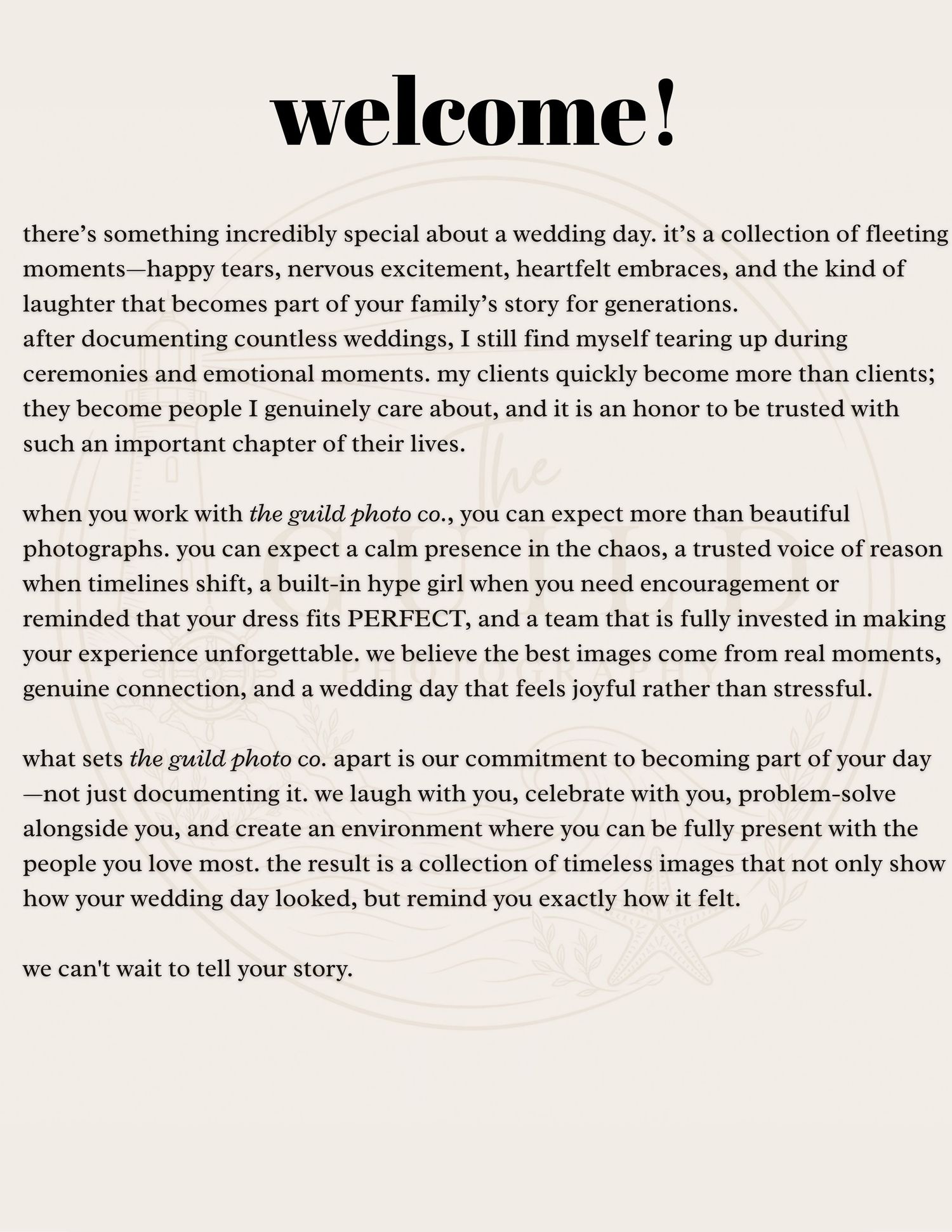 A welcome page from The Guild Photo Co. wedding photography brochure with elegant black text on white background.