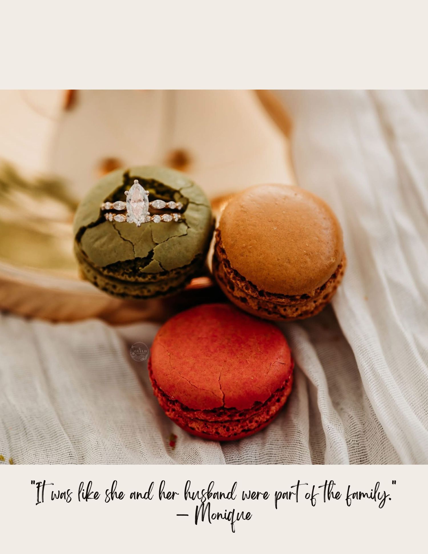 Diamond engagement ring resting on colorful French macarons in green, brown, and red with a romantic quote below.