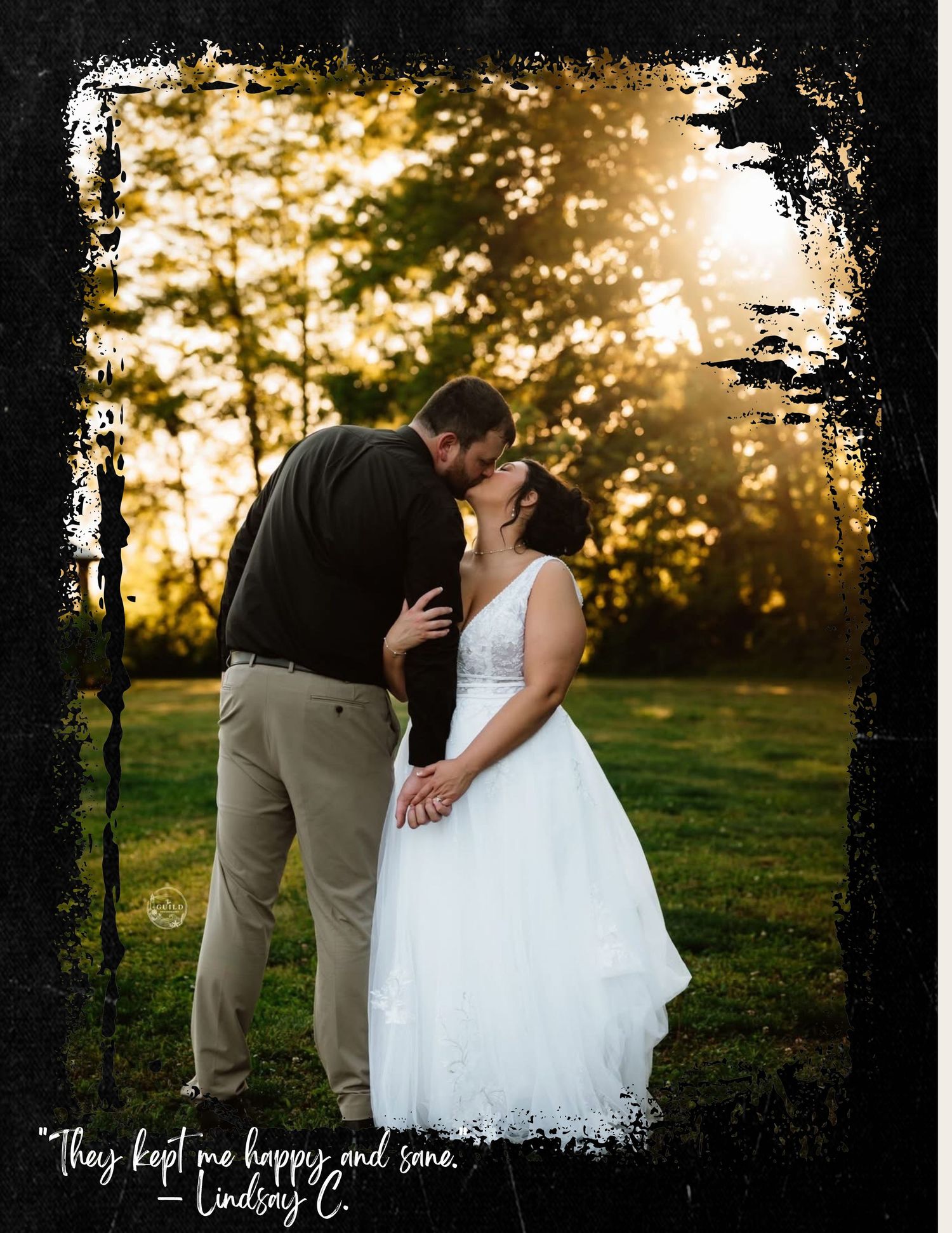 Couple sharing a romantic kiss at sunset in a garden, bride in white gown, framed with dark grunge border.
