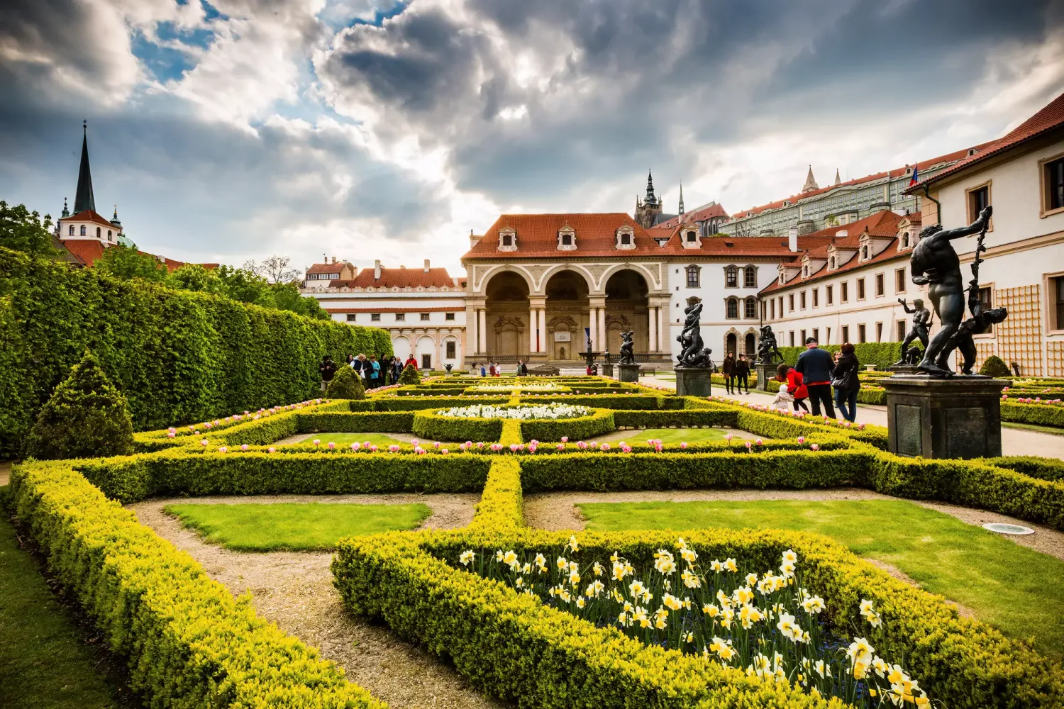 Panoramic aerial view of Prague historic cityscape with red roofs and church spires against cloudy sky.
