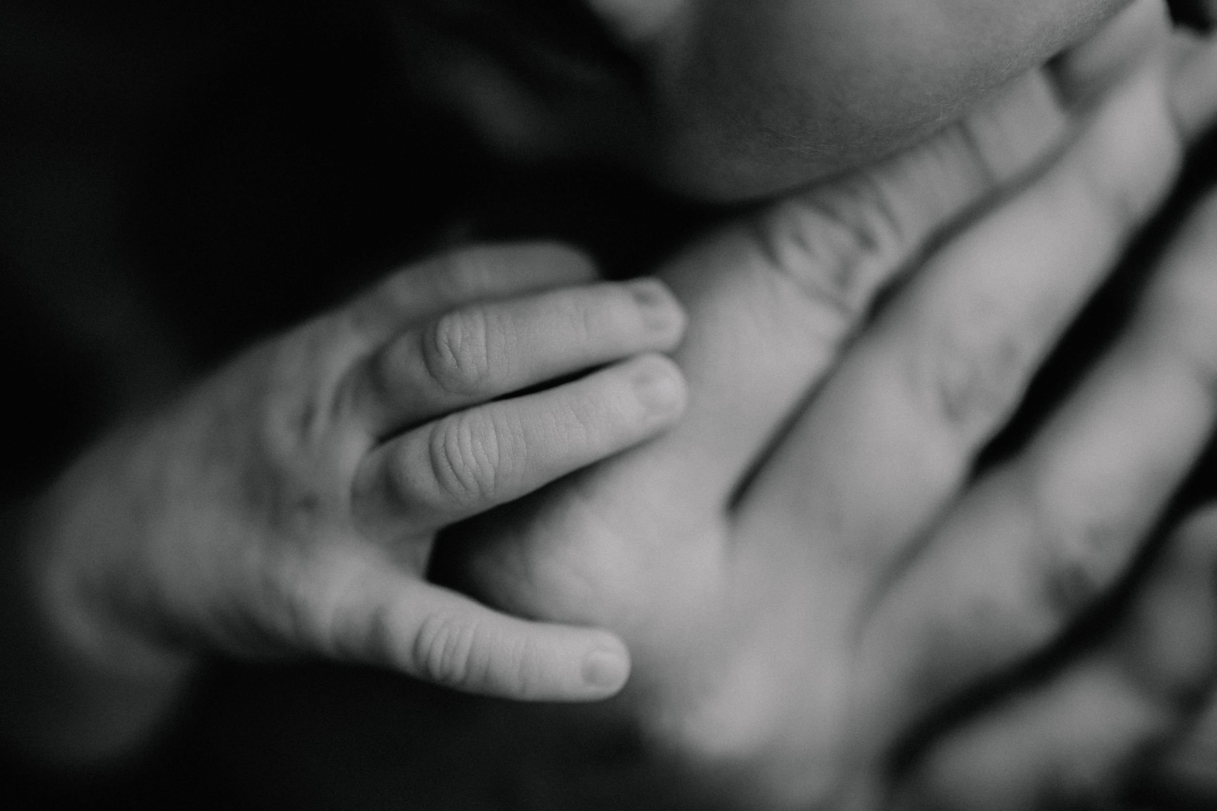 Black and white close-up of a newborn baby's tiny hand resting gently on an adult's chest.