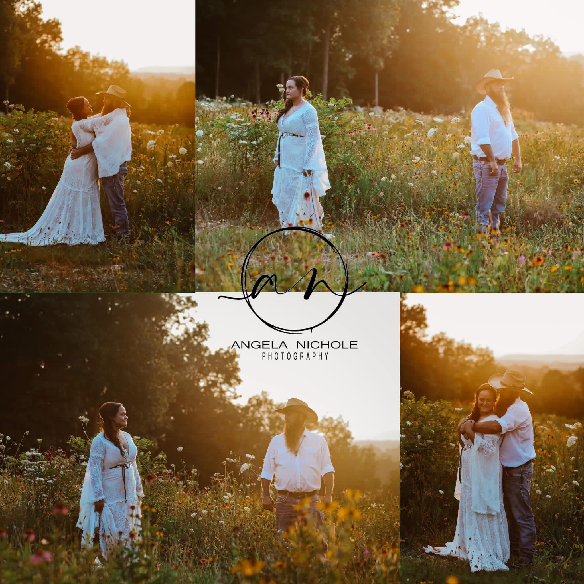 Romantic golden hour couples photography session in wildflower field by Angela Nichole Photography.