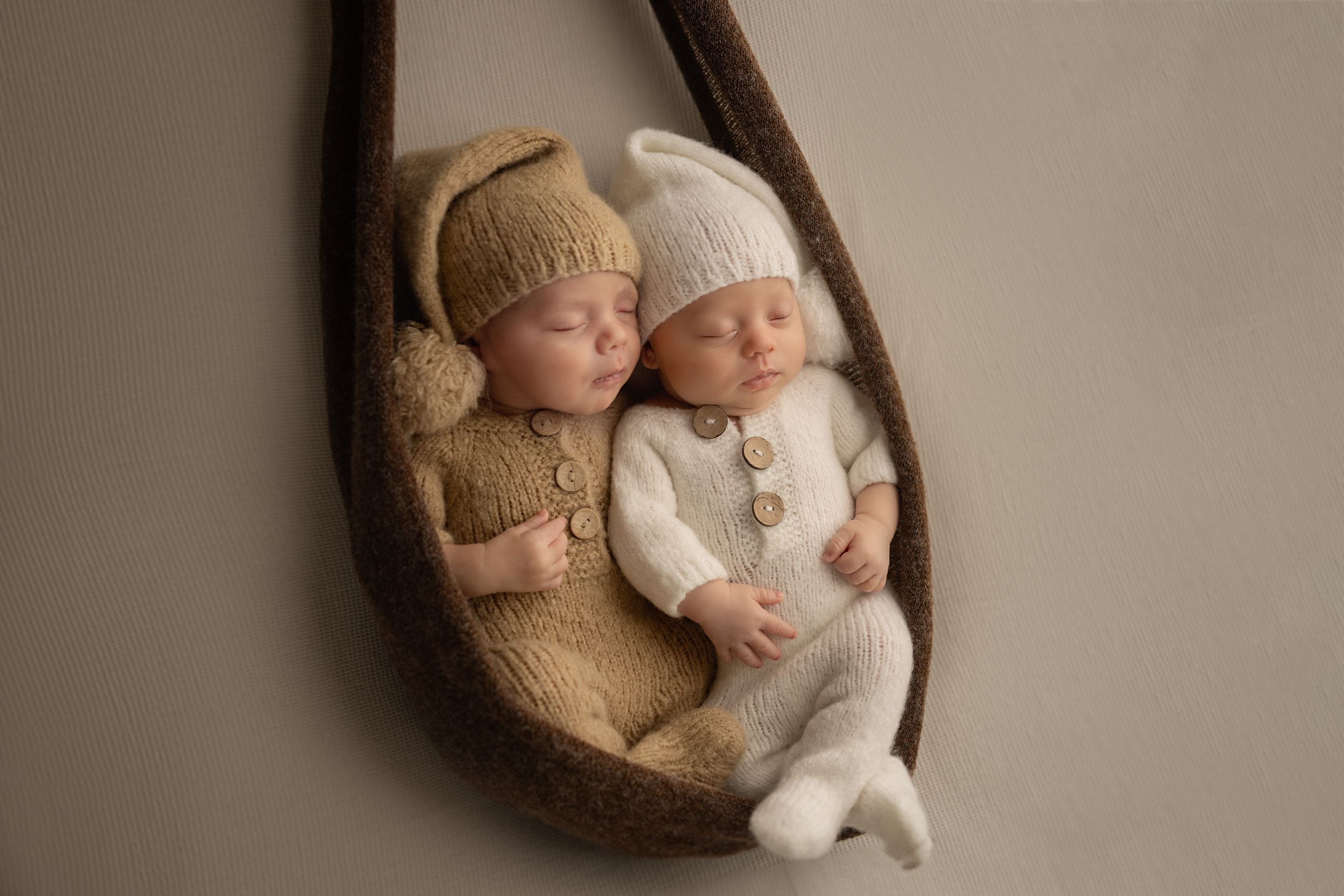 Cozy brown basket containing sleeping infants wrapped in soft neutral tones.