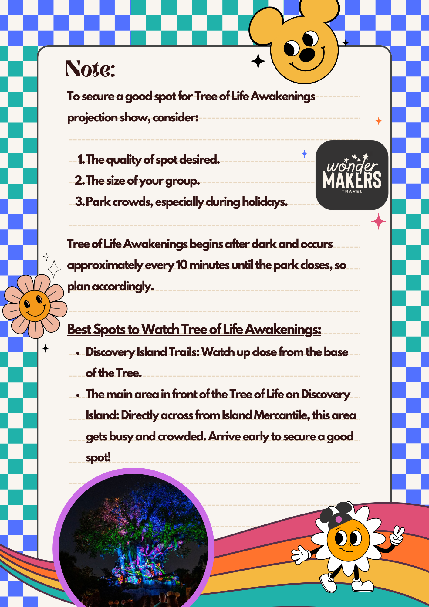 Informational guide for viewing Tree of Life Awakenings show with Mickey-themed decorative elements.