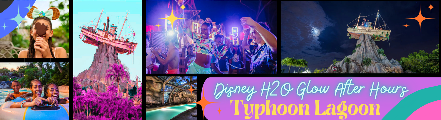 Photo grid showing different views of Disney Typhoon Lagoon water park during H2O Glow After Hours events.