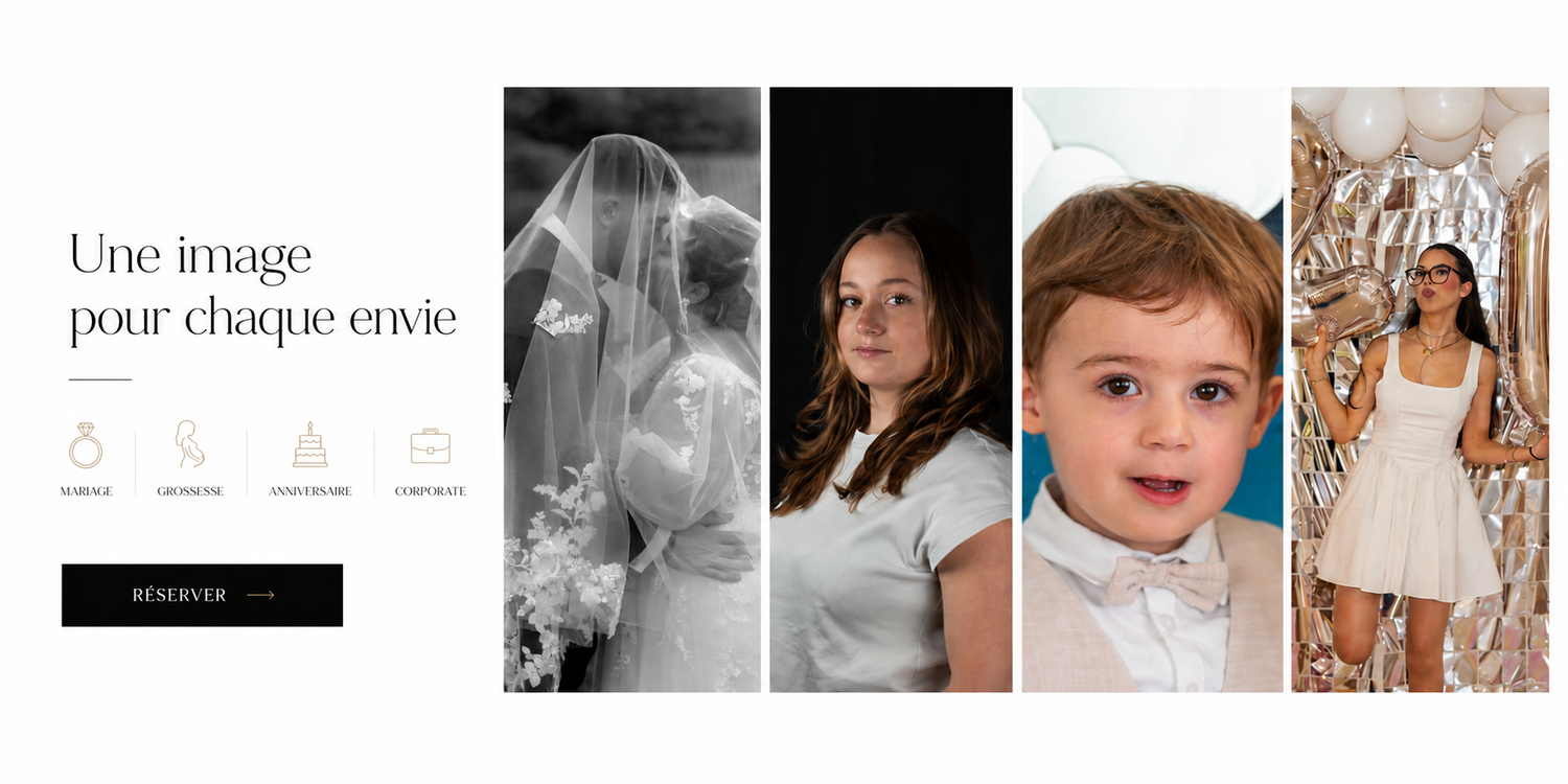 Black and white wedding photo of a bride in a veil, a girl in white, a toddler boy, and a woman in a white dress.