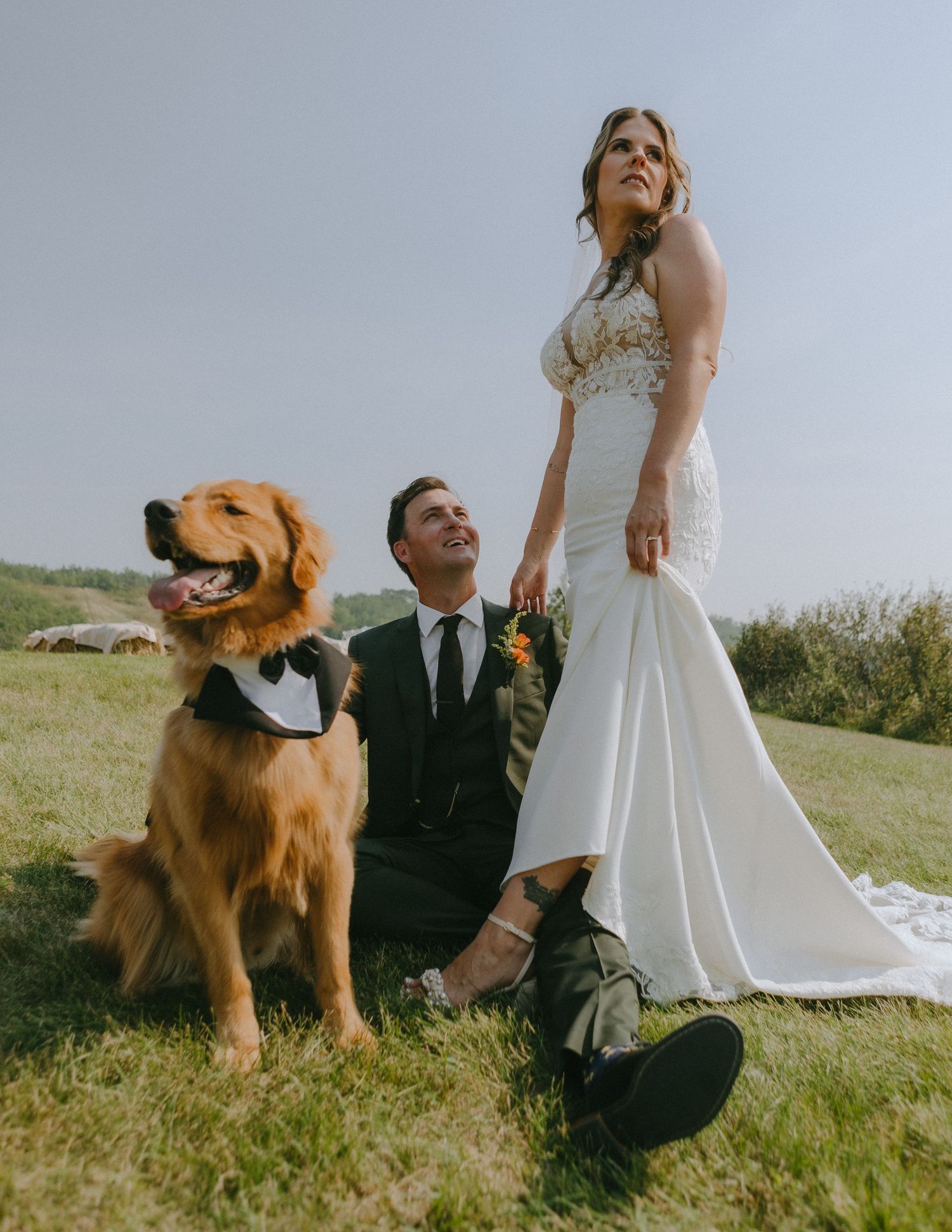 A Golden Retriever wearing a bow tie poses with a couple in wedding attire on a grassy hillside.