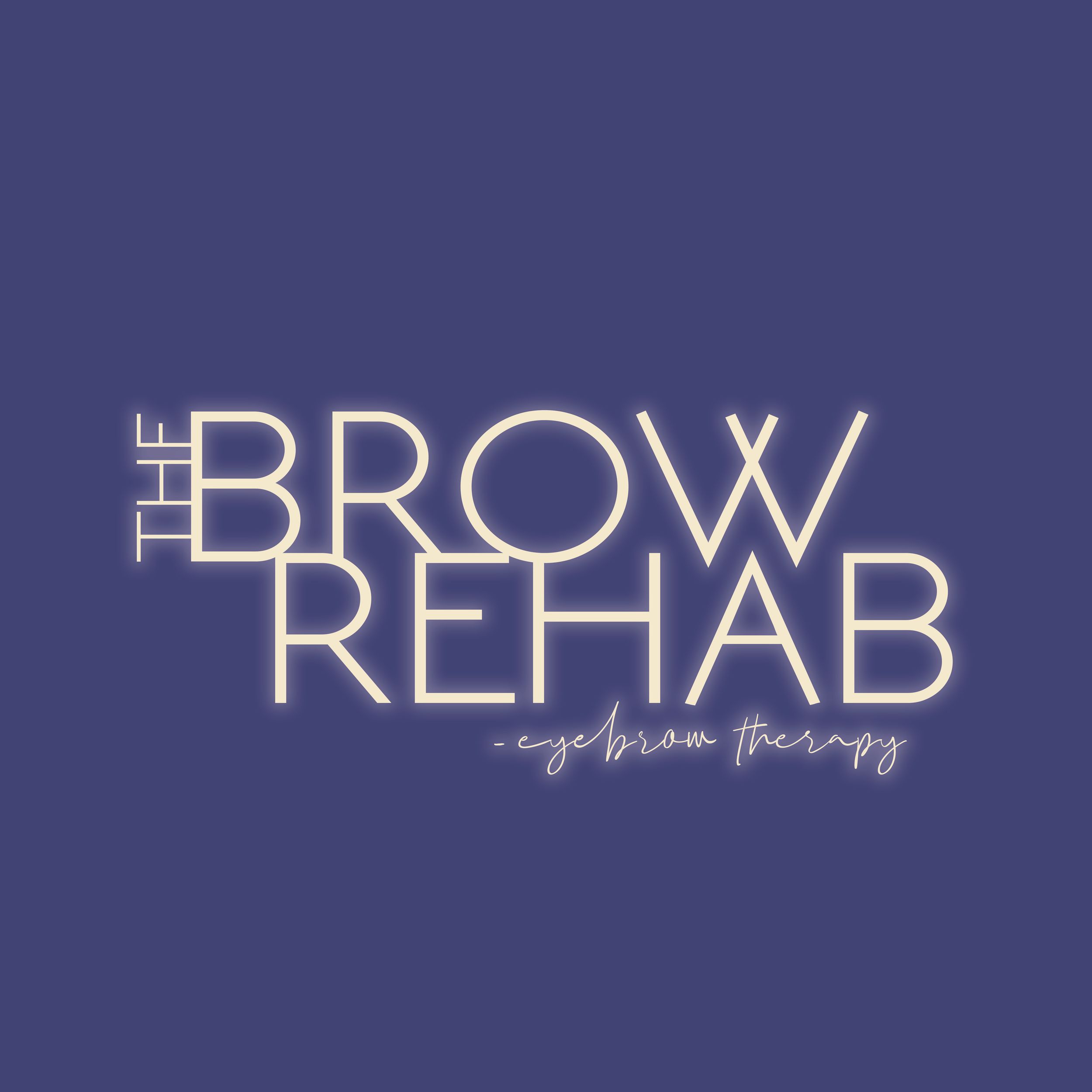White text logo design for 'The Brow Rehab' eyebrow therapy service on dark blue background.