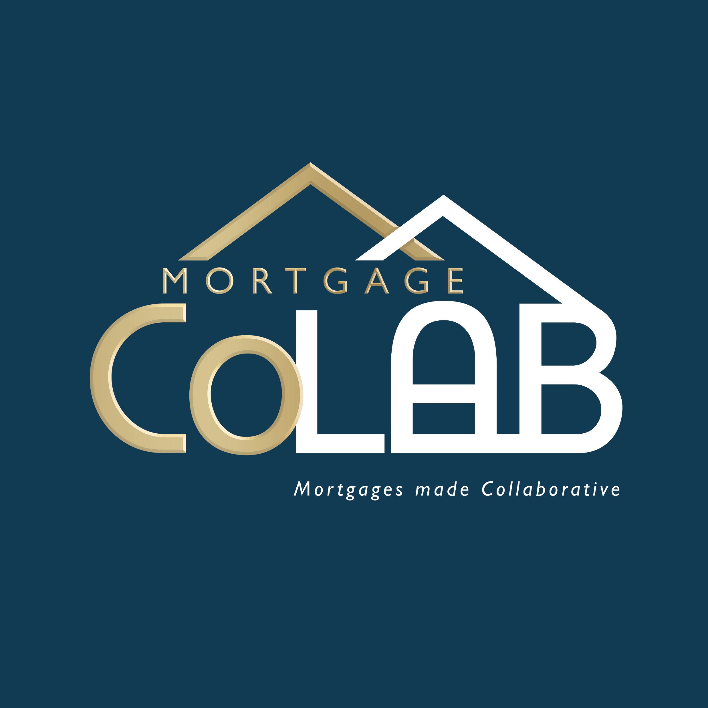 Modern real estate logo designs featuring minimalist house shapes in gold and white against dark blue backgrounds.
