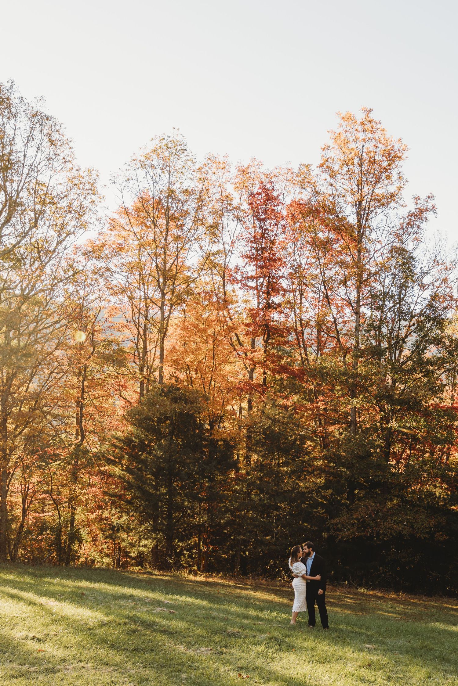 A couple stands small in frame against towering autumn trees and golden afternoon light.