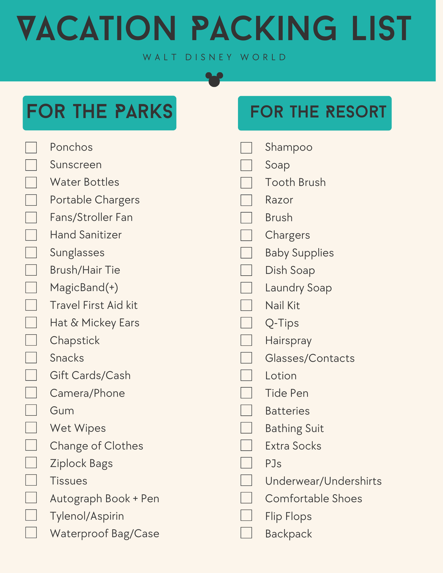 Organized vacation packing checklist divided into park and resort items in teal and white design.