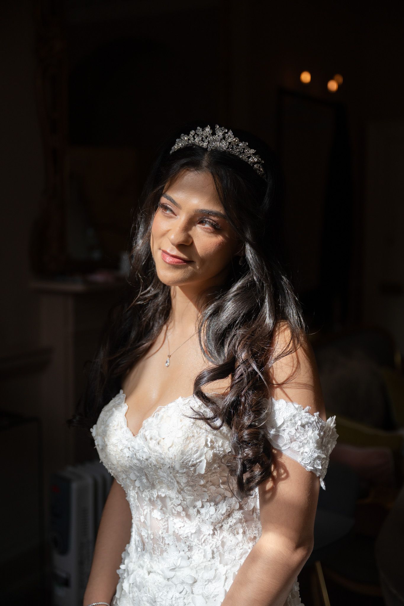A series of bridal portraits showing a woman in a white lace wedding dress with long dark curly hair and a tiara.