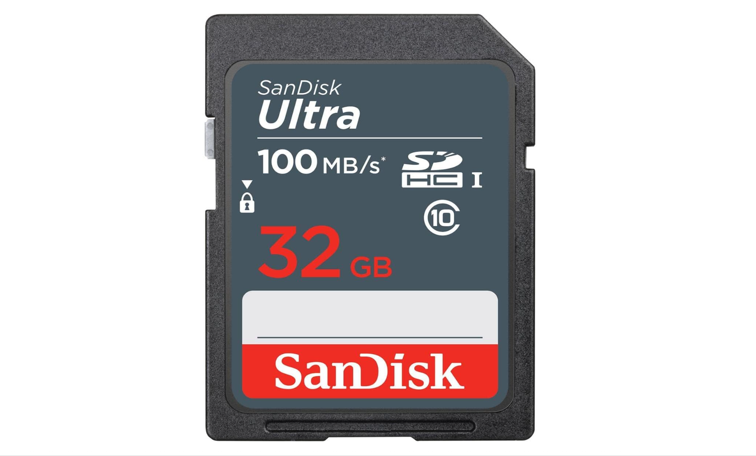 SanDisk Ultra 32GB SDHC UHS-I memory card with 100MB/s read speed.