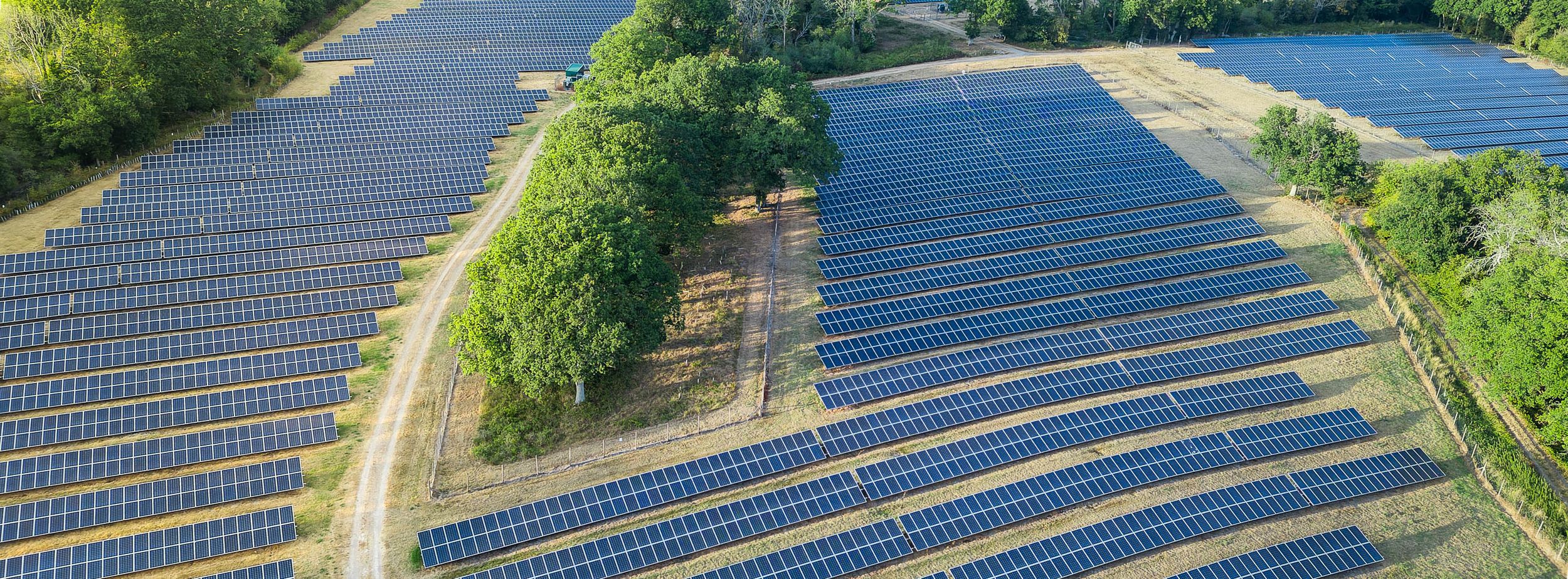 Aerial shot of large solar farm, set with woods and fields.