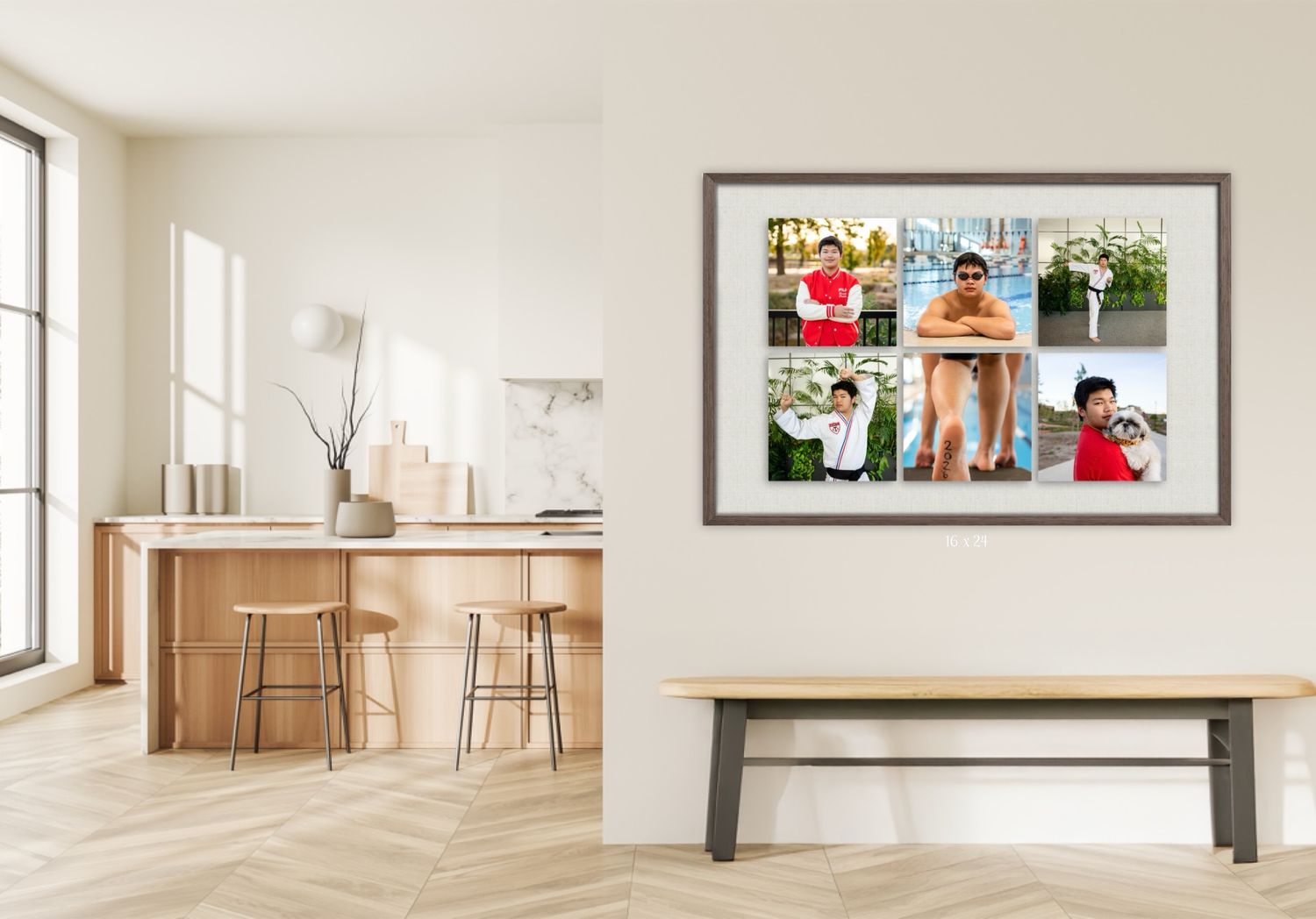 Modern minimalist interior design with white walls, hardwood floors, and framed artwork in a bright open space.