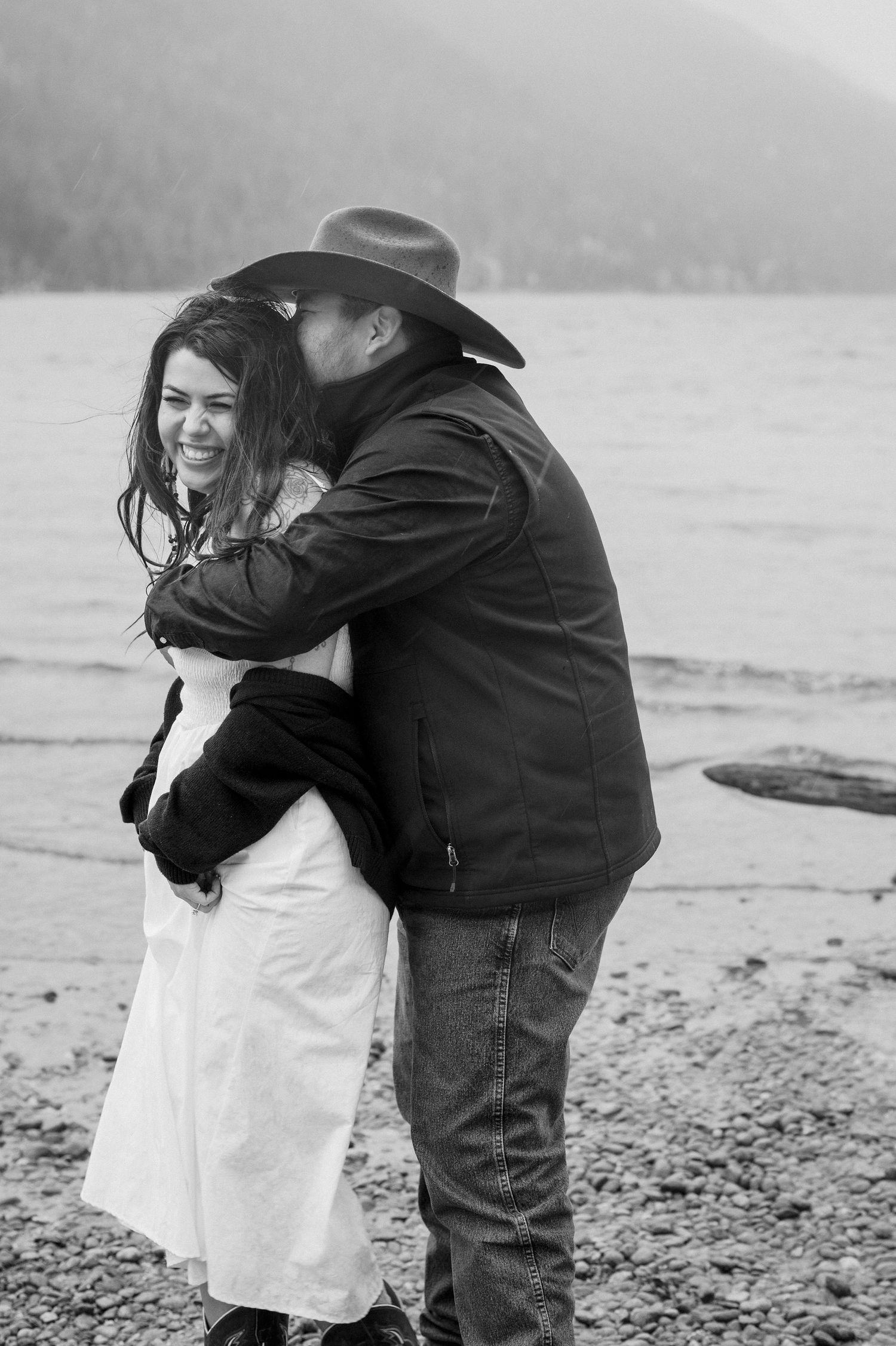 Rainy engagement photos on Lake Wenatchee