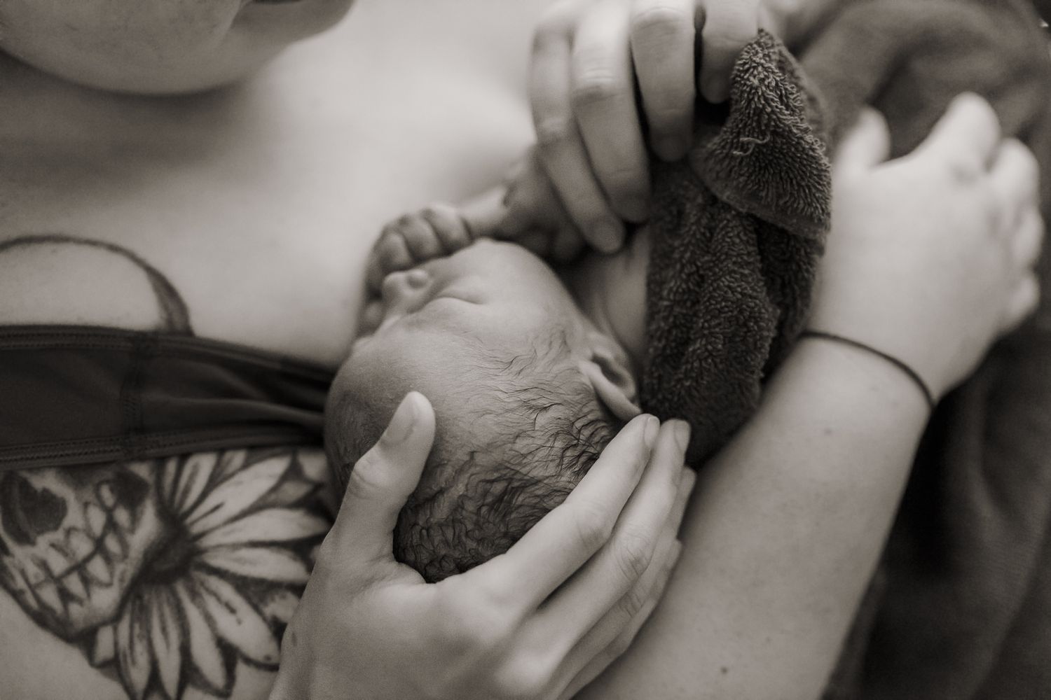 Close-up view of someone holding a newborn baby after birth and showing affection.