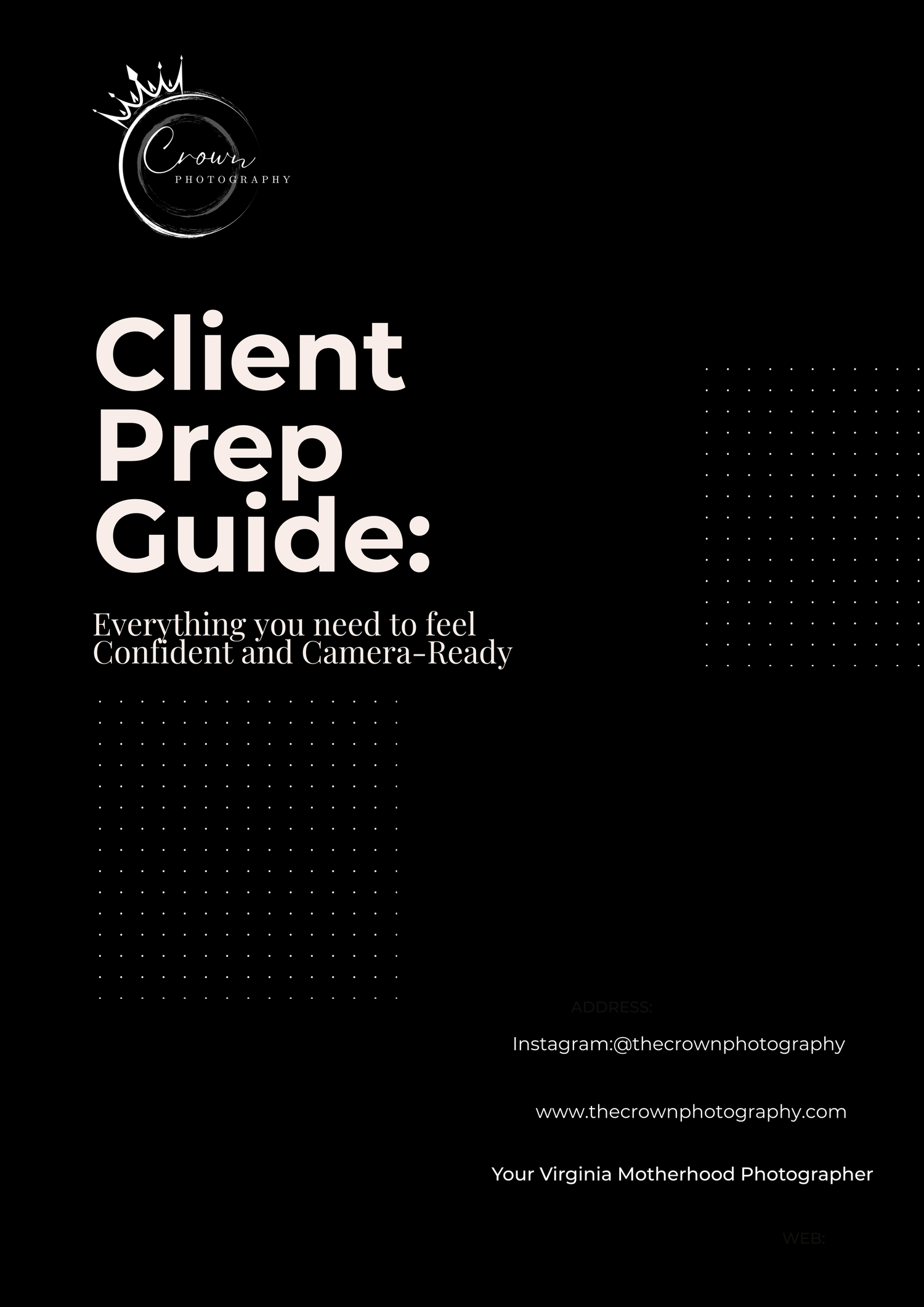 Black and white minimalist cover design for a Client Prep Guide with dotted pattern and photography business branding.