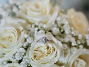 Close up macro shot of white roses with delicate baby's breath flowers in a wedding bouquet arrangement.