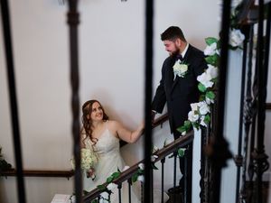 A series of romantic wedding photos showing intimate moments between newlyweds in an elegant indoor setting.