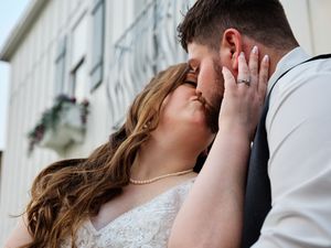 Close-up wedding photography sequence showing tender moments between a bride and groom against a white backdrop.
