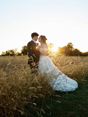A romantic couple embraces in a golden field at sunset as sunlight streams through tall grass and wildflowers.