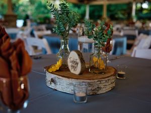 Rustic wedding centerpiece with eucalyptus sprigs in glass bottles on a birch wood slice with table number.
