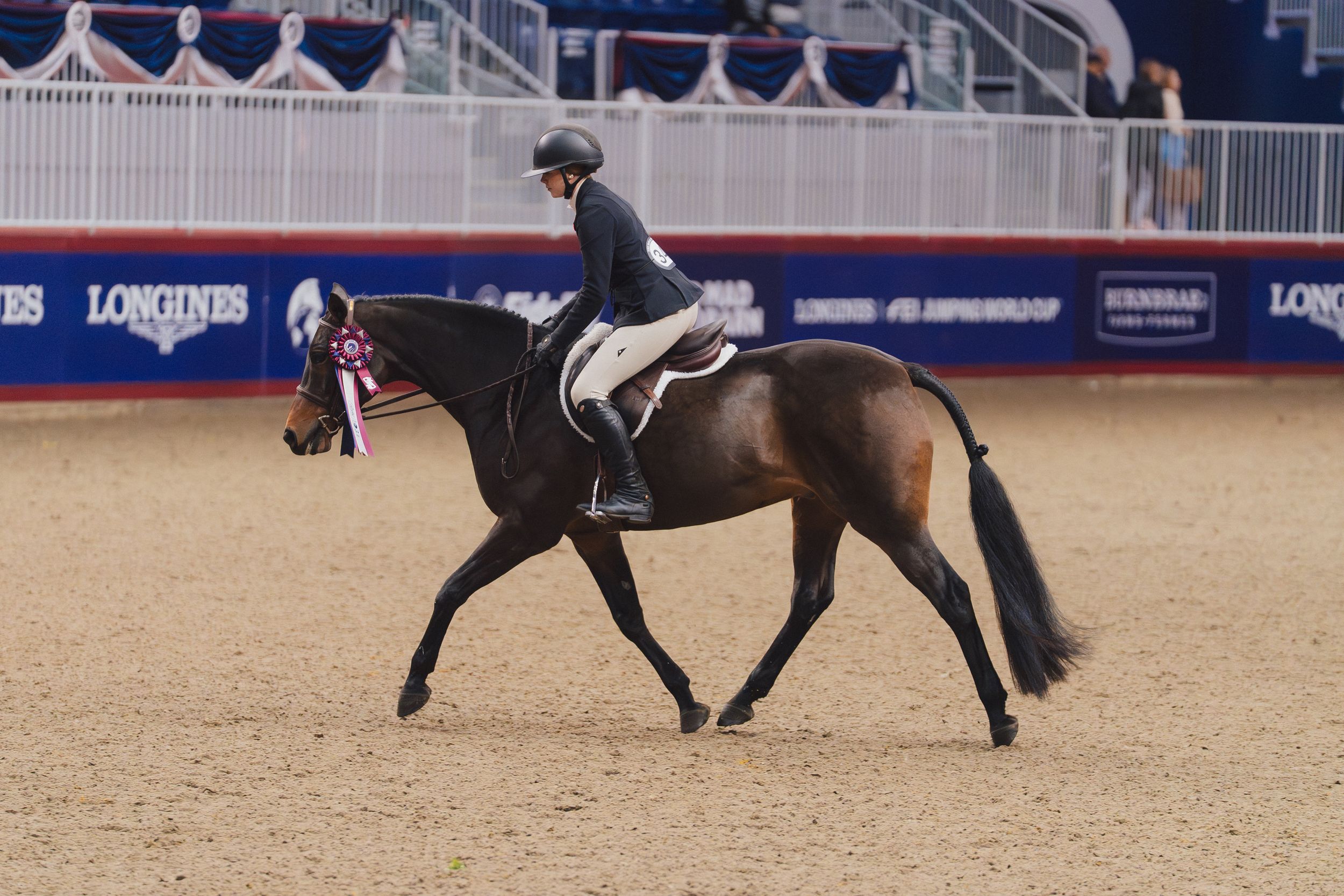 Equestrian rider in formal attire guides horse during dressage competition at indoor arena.