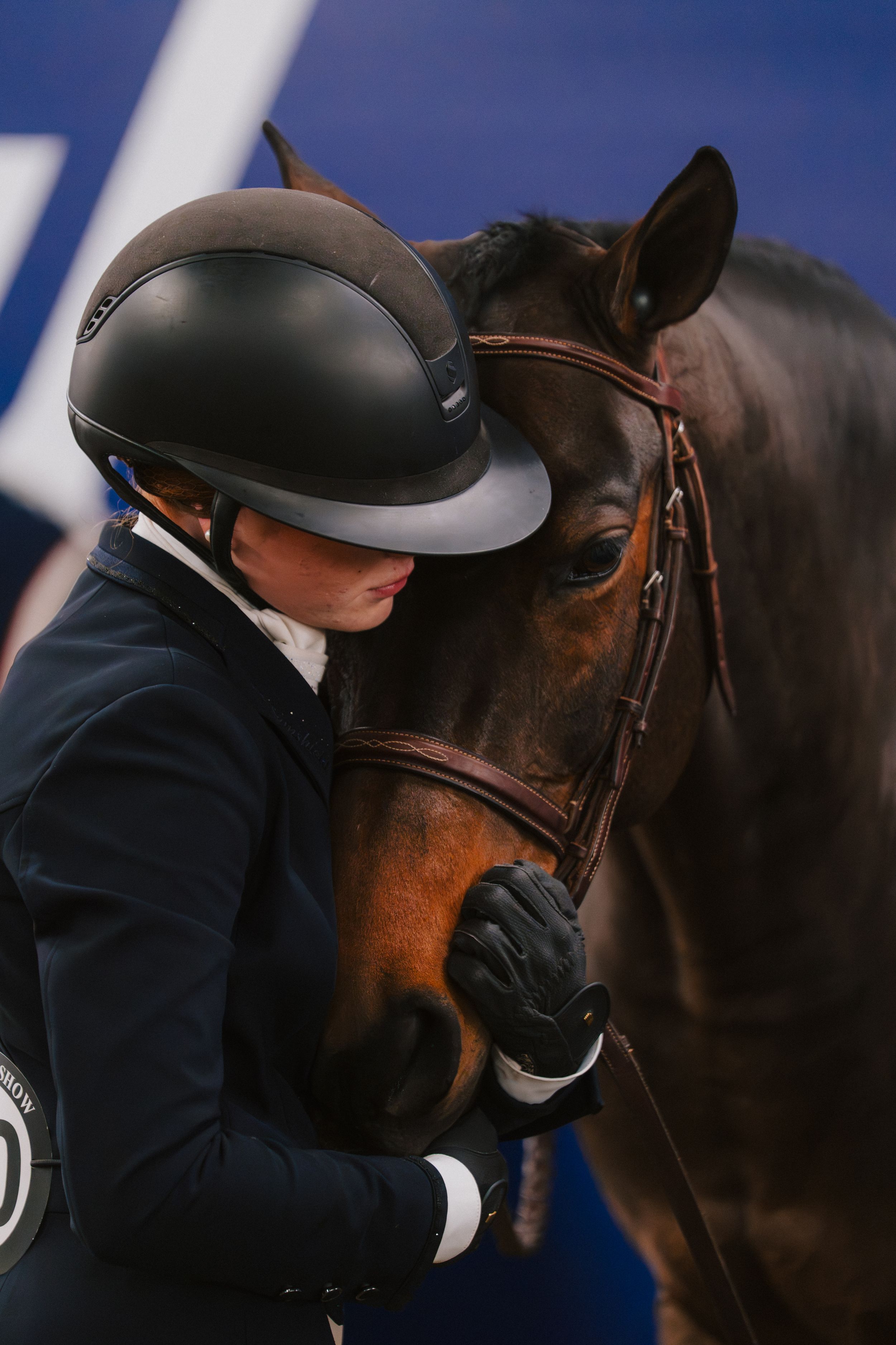 A rider in equestrian attire shares an intimate moment with their dark bay horse against a deep blue background.