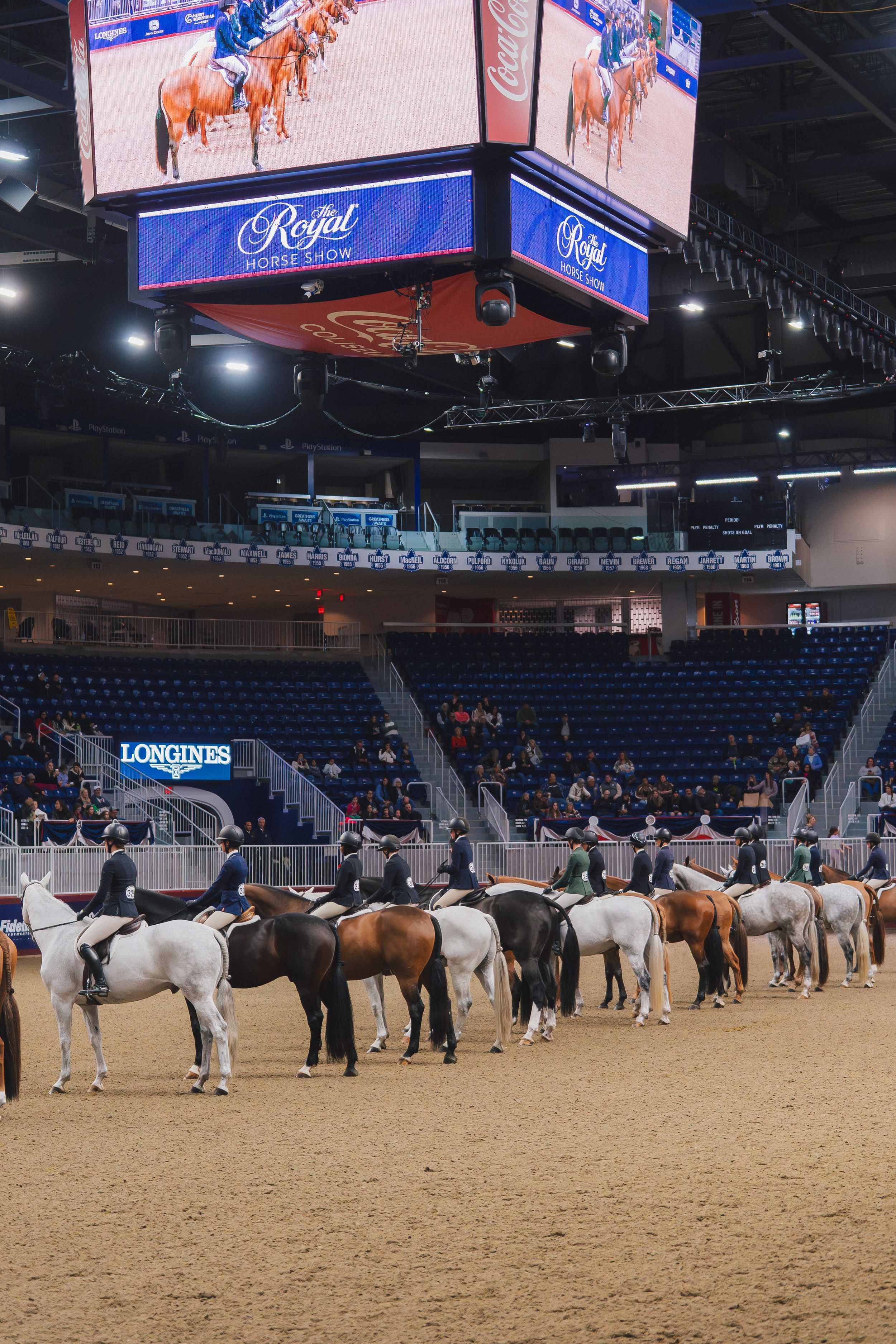 Horses and handlers line up in formation on sandy arena floor during equestrian competition at indoor stadium venue.