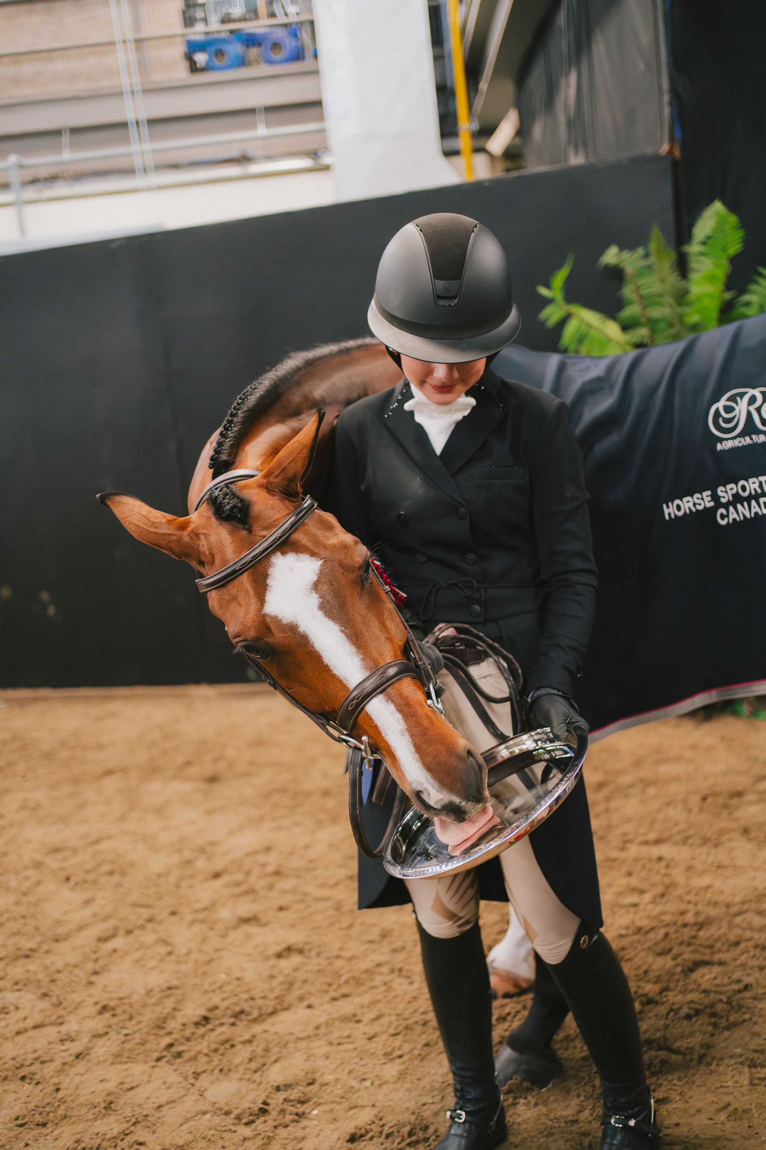 A horse and rider in black equestrian attire perform a dressage movement in an indoor arena.