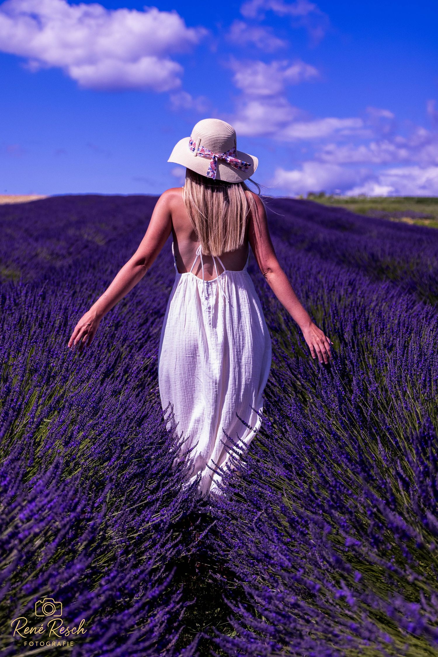 A figure in a flowing white dress and sun hat stands among vibrant purple lavender fields under a bright blue summer sky.