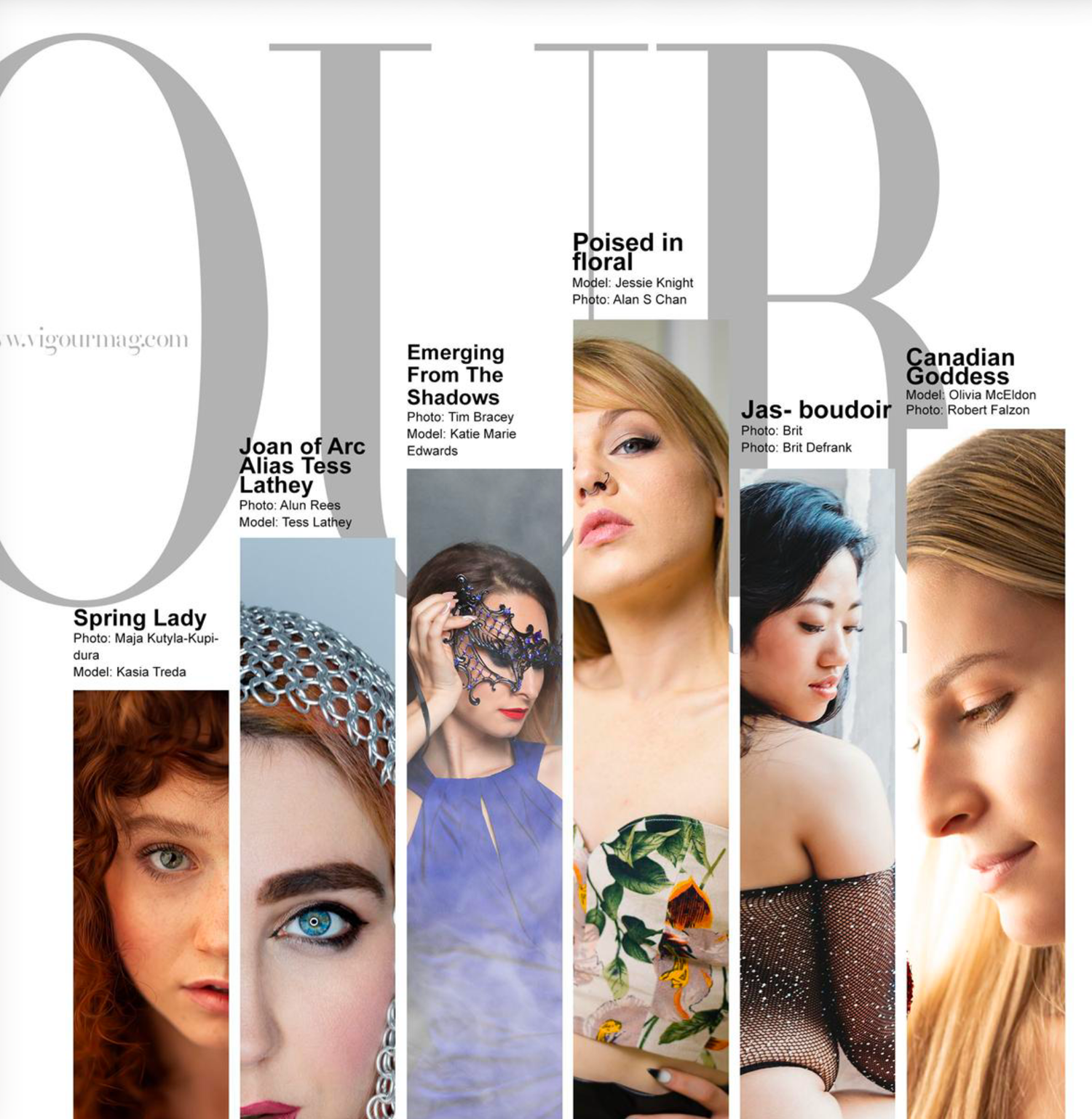 Magazine cover collage featuring artistic beauty portraits with dramatic lighting and makeup in editorial style.
