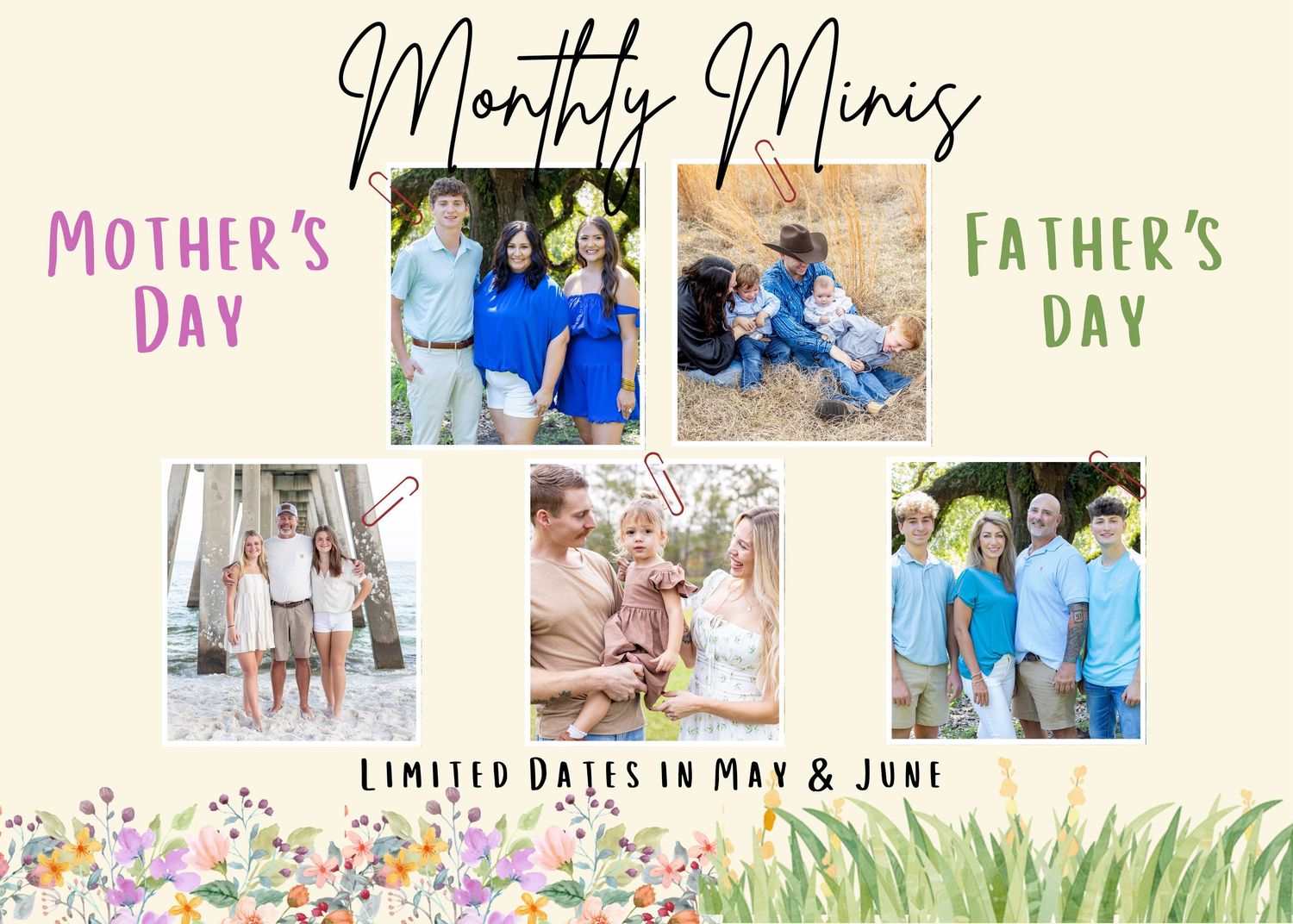 Monthly Minis photography flyer featuring Mother's Day and Father's Day family portrait sessions with limited dates in May and June.