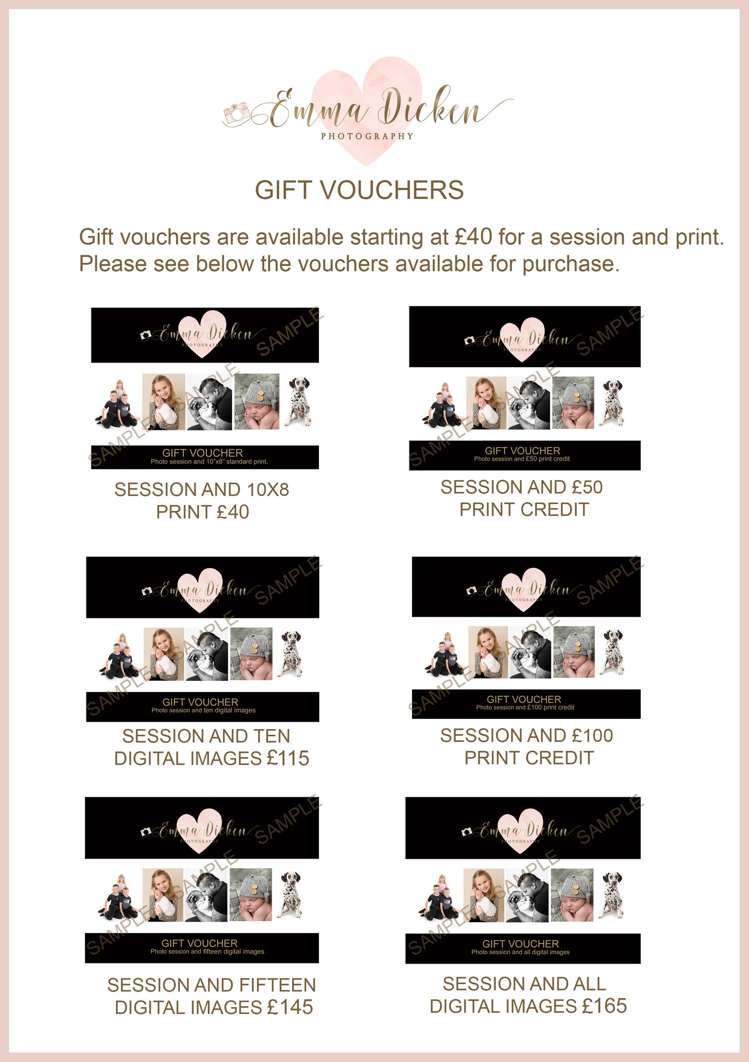 Gift voucher pricing for studio photoshoots at Emma Dicken Photography, Selby